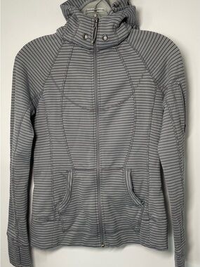 Athleta Light Gray Striped Zip-Up Hoodie